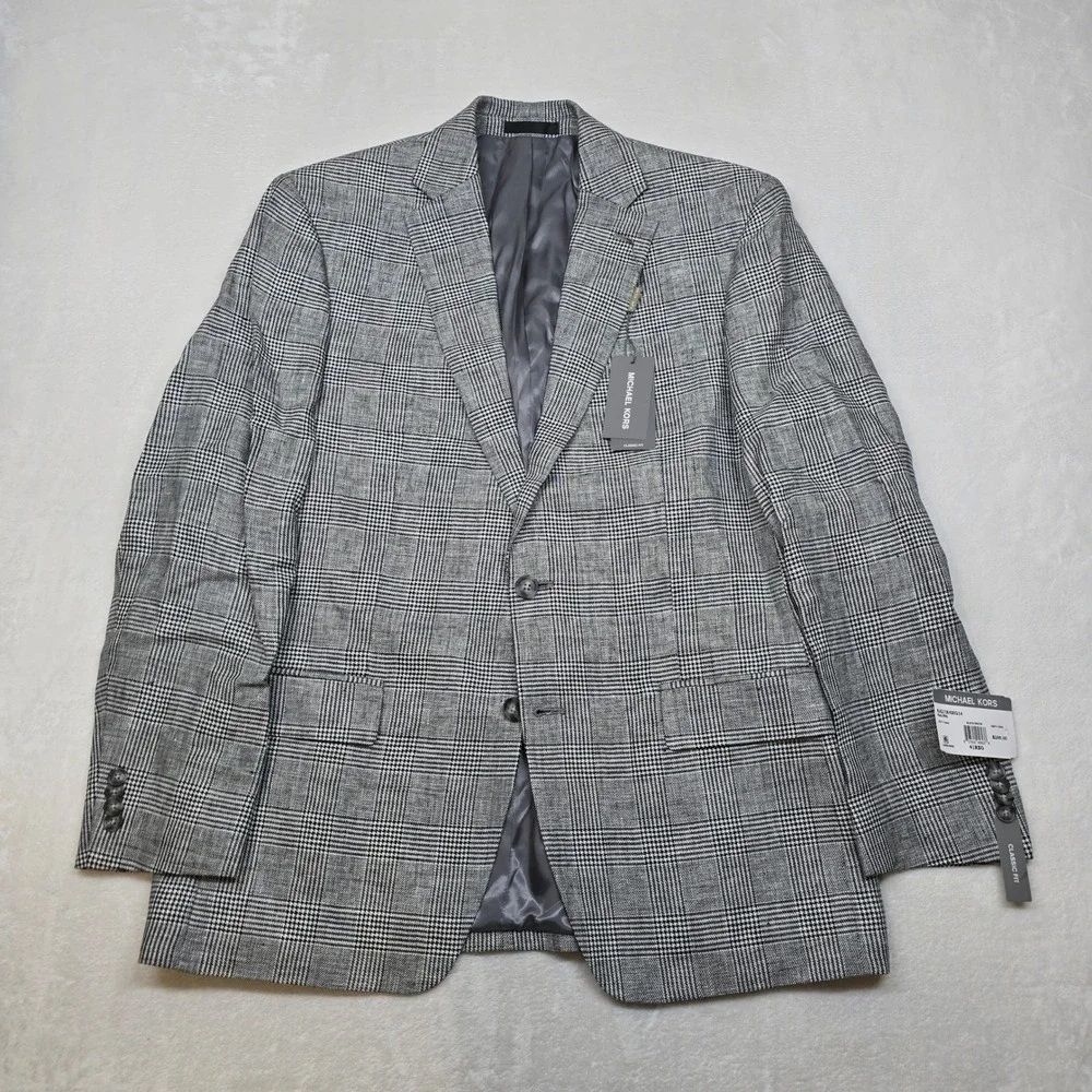 Michael‎ Kors Linen Sport Coat Mens 41R Large Black White Plaid Classic Fit NEW